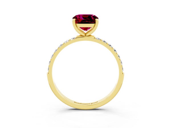 Yellow gold Cushion Cut Garnet Solitaire Ring with Round  Pavé Band and Prong Setting