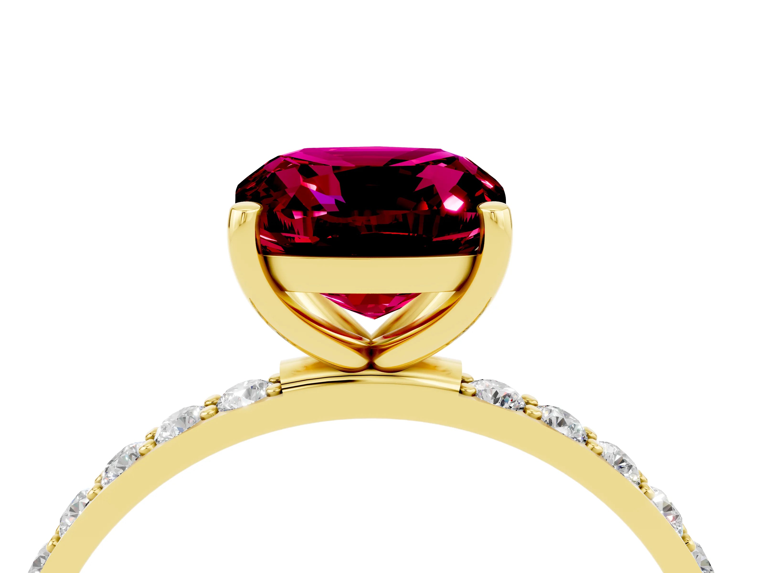 Yellow gold Cushion Cut Garnet Solitaire Ring with Pave Band and Four Prong Setting_28