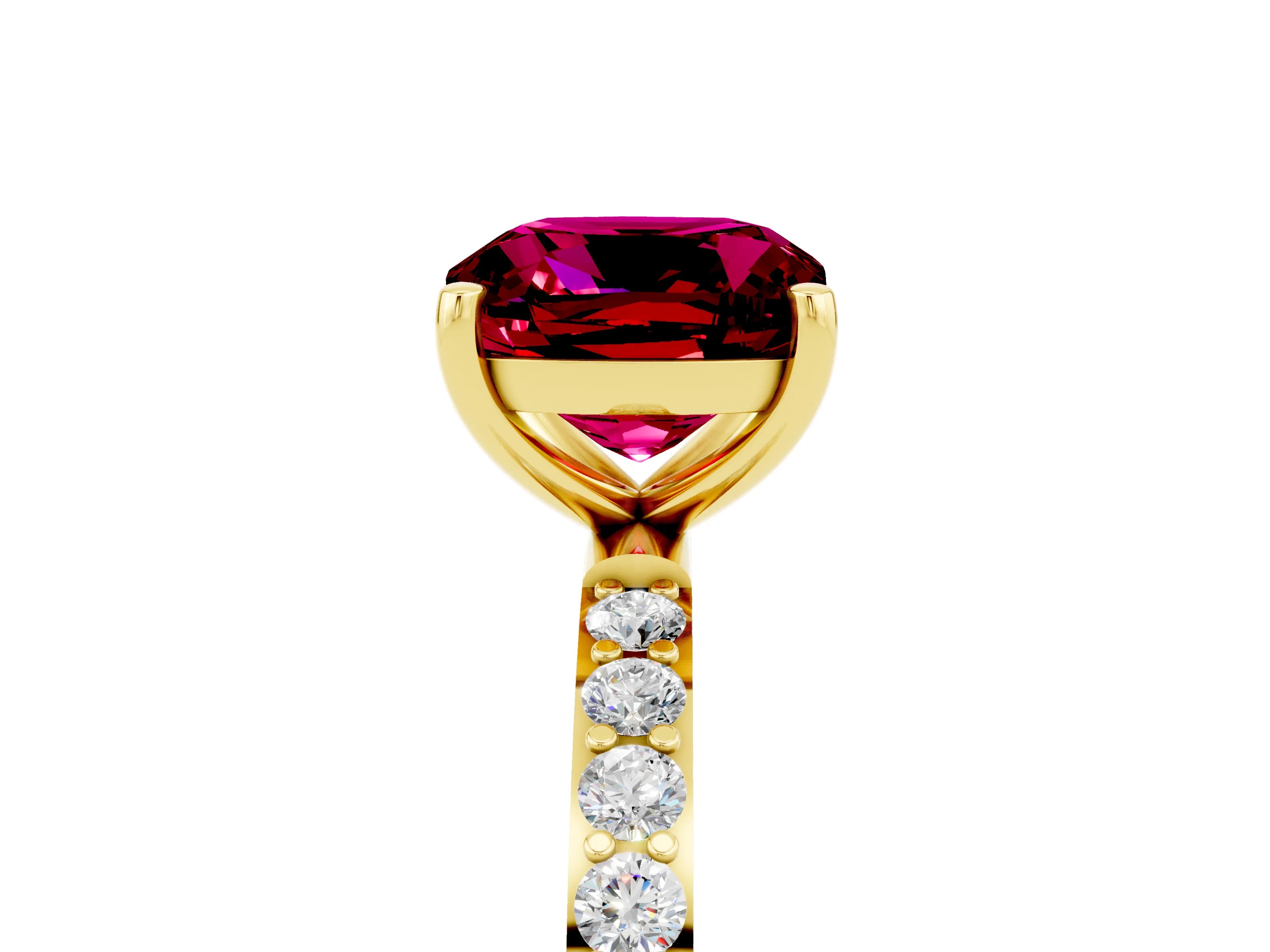Yellow gold Cushion Cut Garnet Solitaire Ring with Pave Band and Four Prong Setting_29