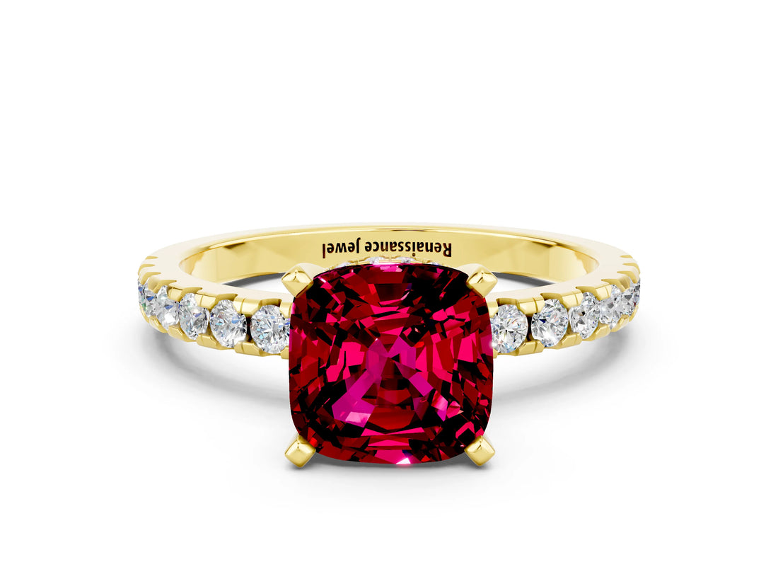 Yellow gold Cushion Cut Garnet Solitaire Ring with Round  Pavé Band and Four-Prong Setting_36