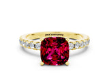 Yellow gold Cushion Cut Garnet Solitaire Ring with Round  Pavé Band and Four-Prong Setting_36