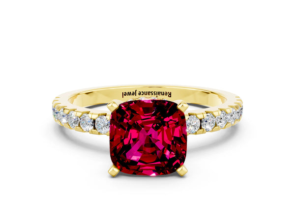 Yellow gold Cushion Cut Garnet Solitaire Ring with Round Pavé Band and Four-Prong Setting