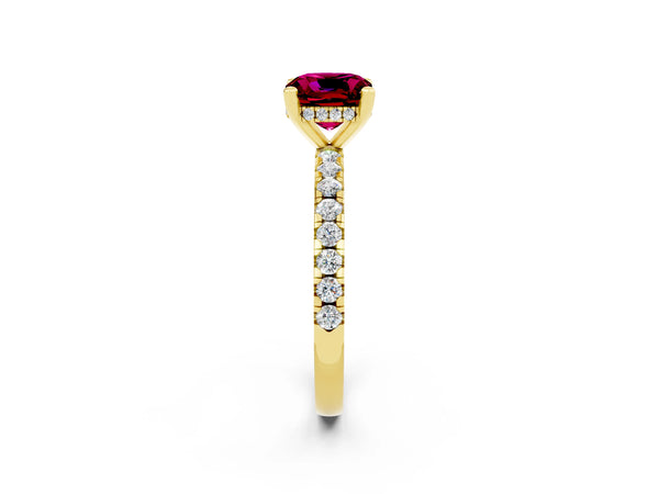 Yellow gold Cushion Cut Garnet Solitaire Ring with Round Pavé Band and Four-Prong Setting