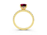 Yellow gold Cushion Cut Garnet Solitaire Ring with Round  Pavé Band and Four-Prong Setting_39