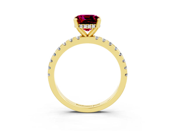 Yellow gold Cushion Cut Garnet Solitaire Ring with Round Pavé Band and Four-Prong Setting