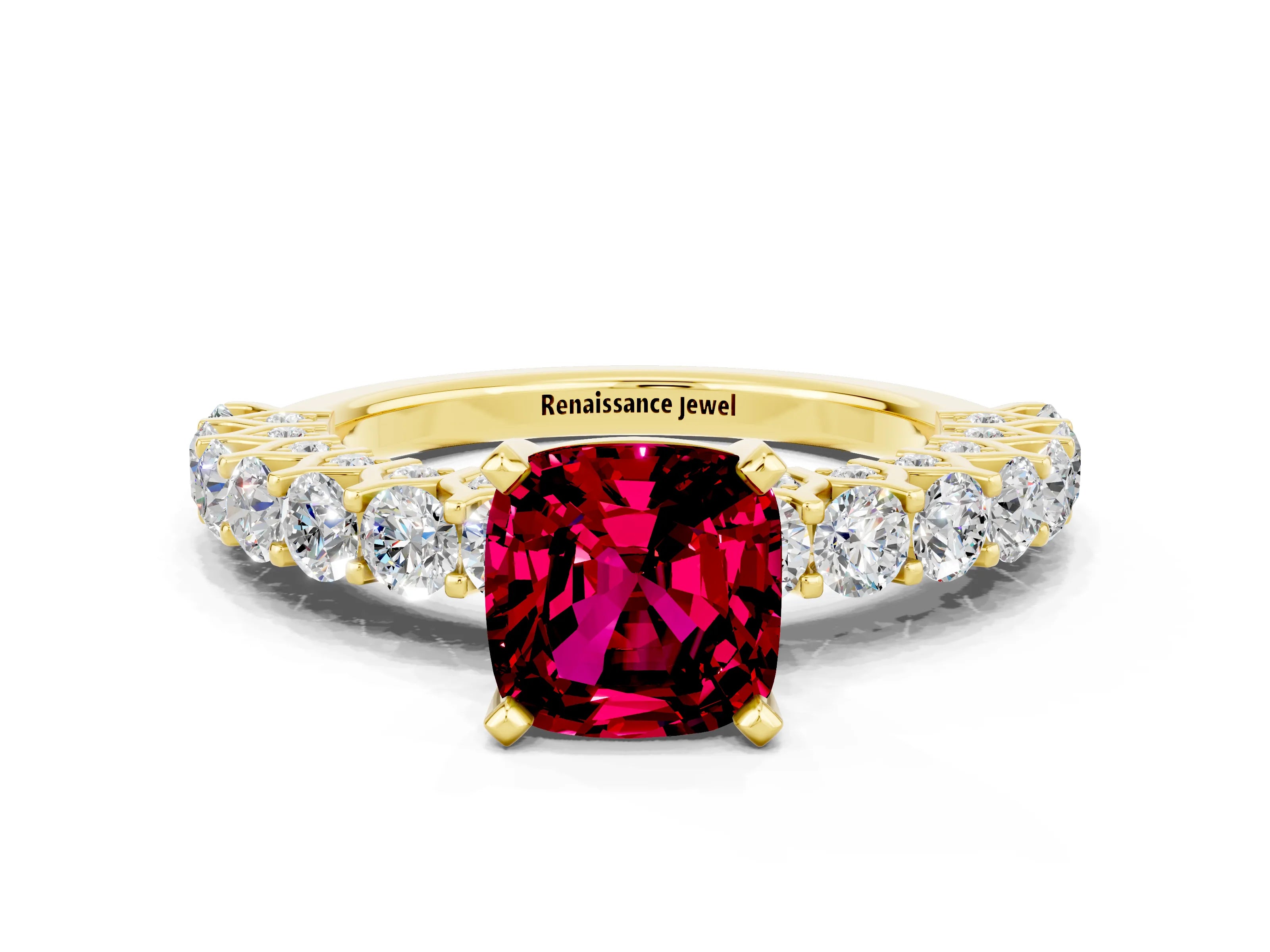 Yellow gold Cushion Cut Garnet Solitaire Ring with Shared Prong Pavé Band and Four-Prong Setting