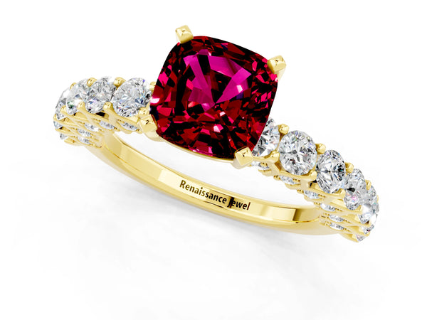 Yellow gold Cushion Cut Garnet Solitaire Ring with Shared Prong Pavé Band and Four-Prong Setting