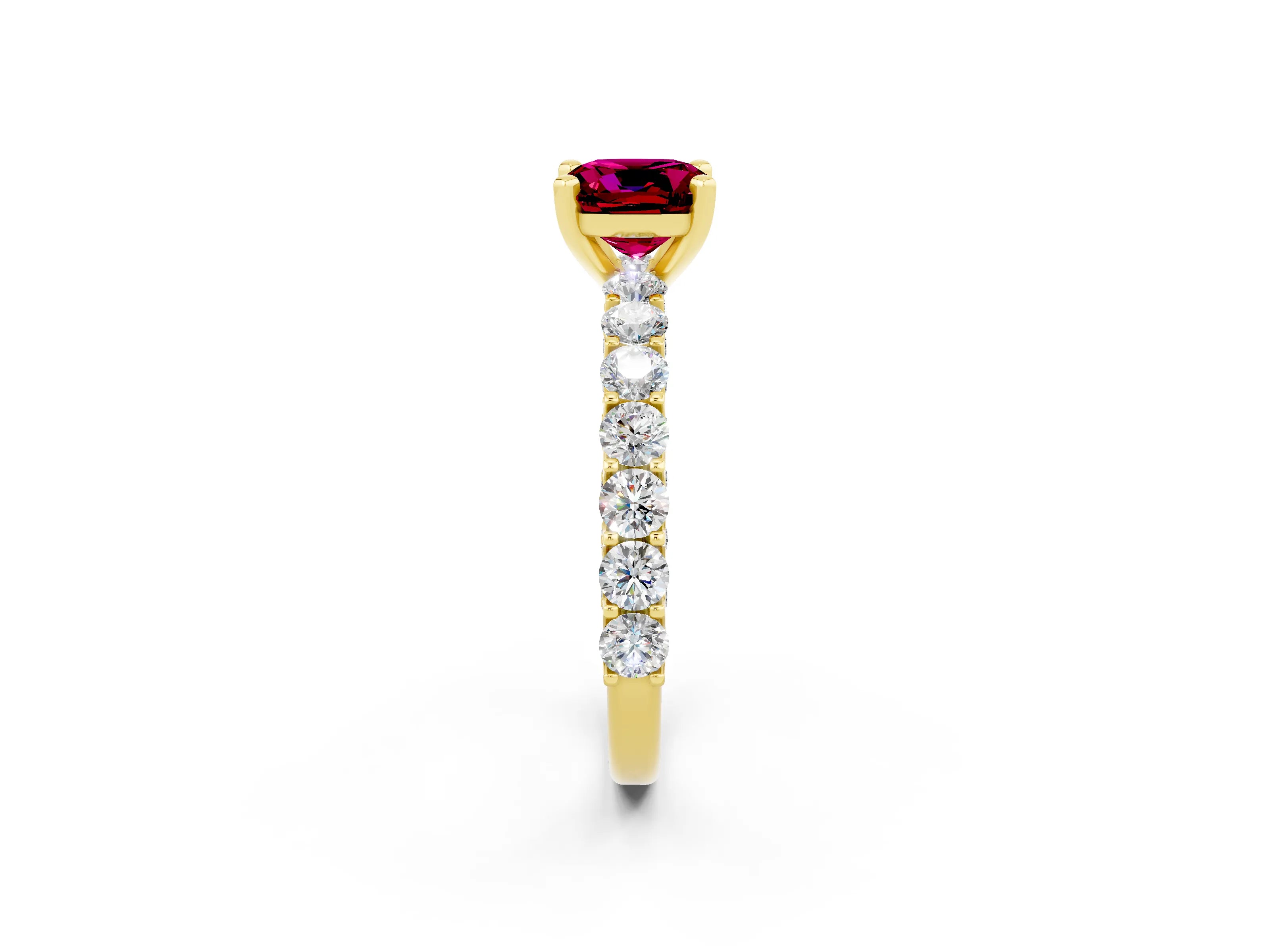 Yellow gold Cushion Cut Garnet Solitaire Ring with Shared Prong Pavé Band and Four-Prong Setting_2