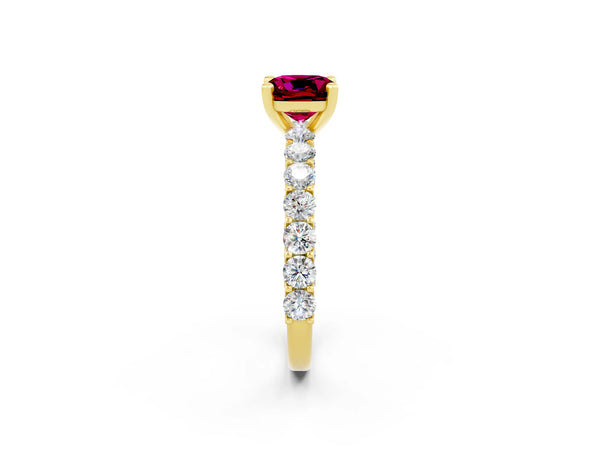 Yellow gold Cushion Cut Garnet Solitaire Ring with Shared Prong Pavé Band and Four-Prong Setting