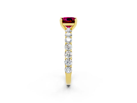 Yellow gold Cushion Cut Garnet Solitaire Ring with Shared Prong Pavé Band and Four-Prong Setting_2