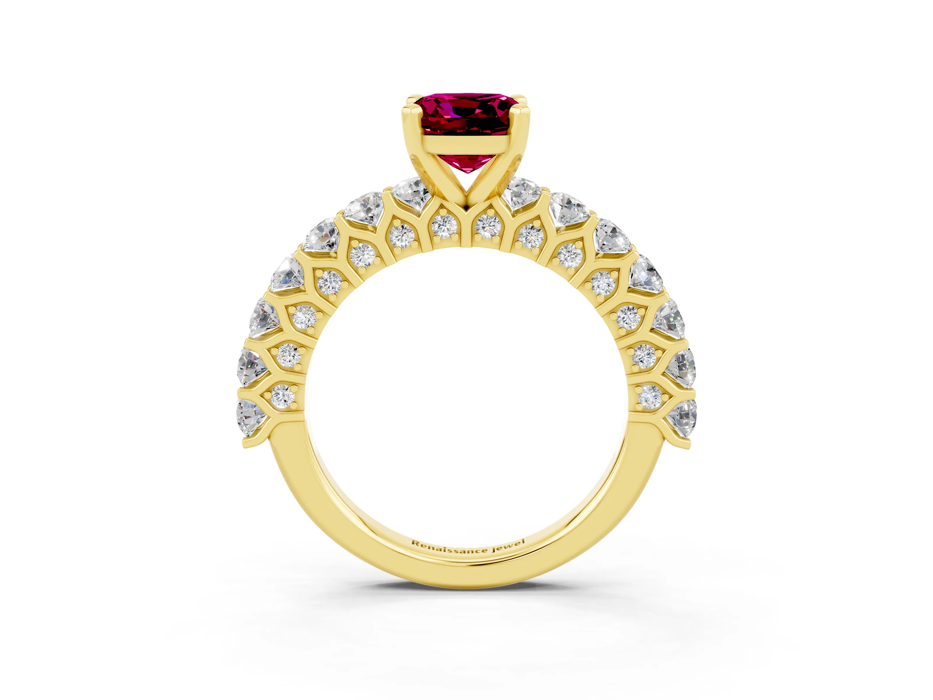 Yellow gold Cushion Cut Garnet Solitaire Ring with Shared Prong Pavé Band and Four-Prong Setting_3