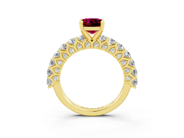 Yellow gold Cushion Cut Garnet Solitaire Ring with Shared Prong Pavé Band and Four-Prong Setting