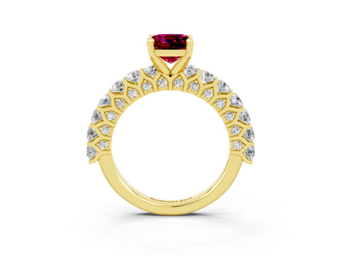 Yellow gold Cushion Cut Garnet Solitaire Ring with Shared Prong Pavé Band and Four-Prong Setting_3