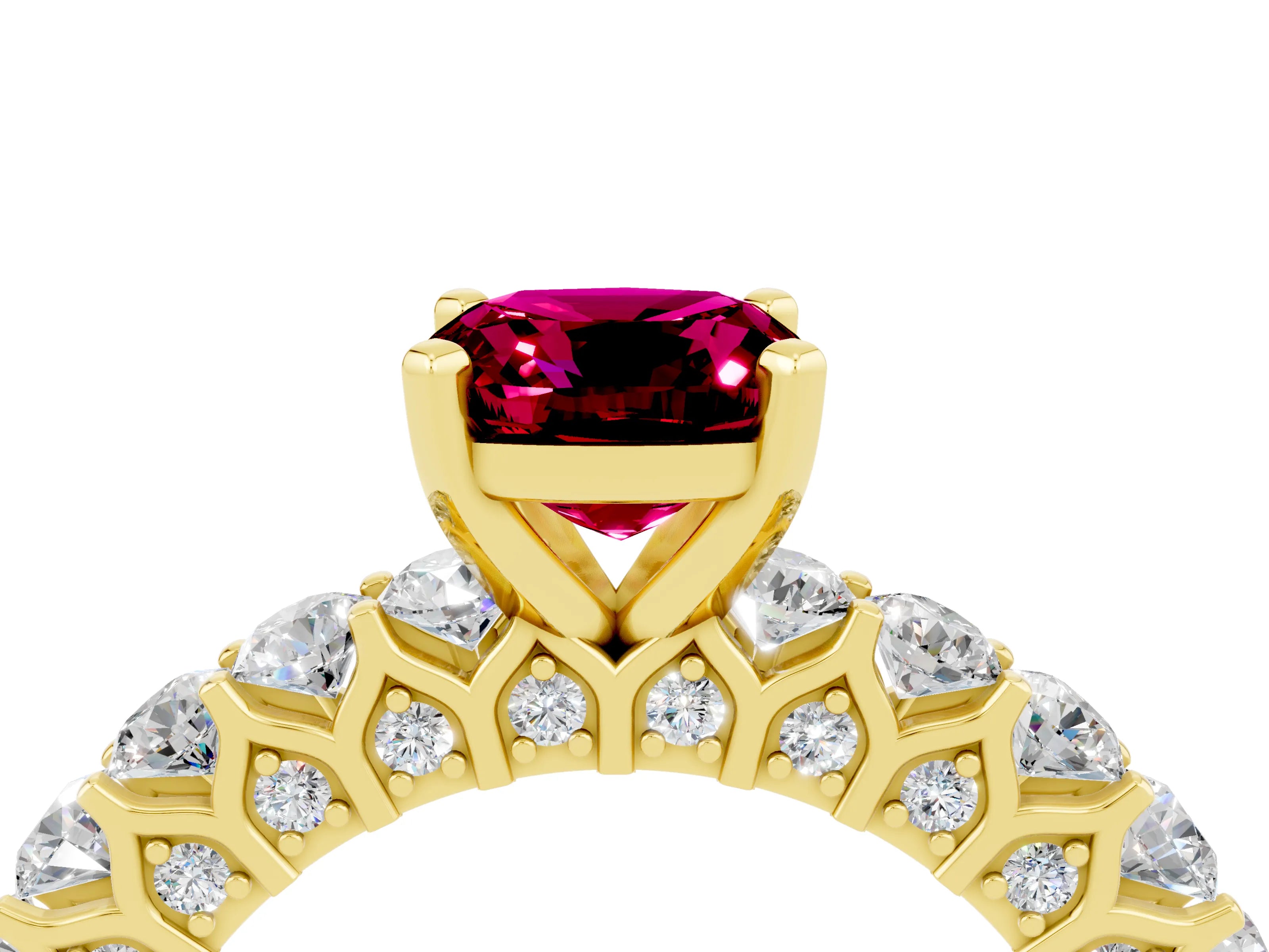 Yellow gold Cushion Cut Garnet Solitaire Ring with Shared Prong Pavé Band and Four-Prong Setting_4