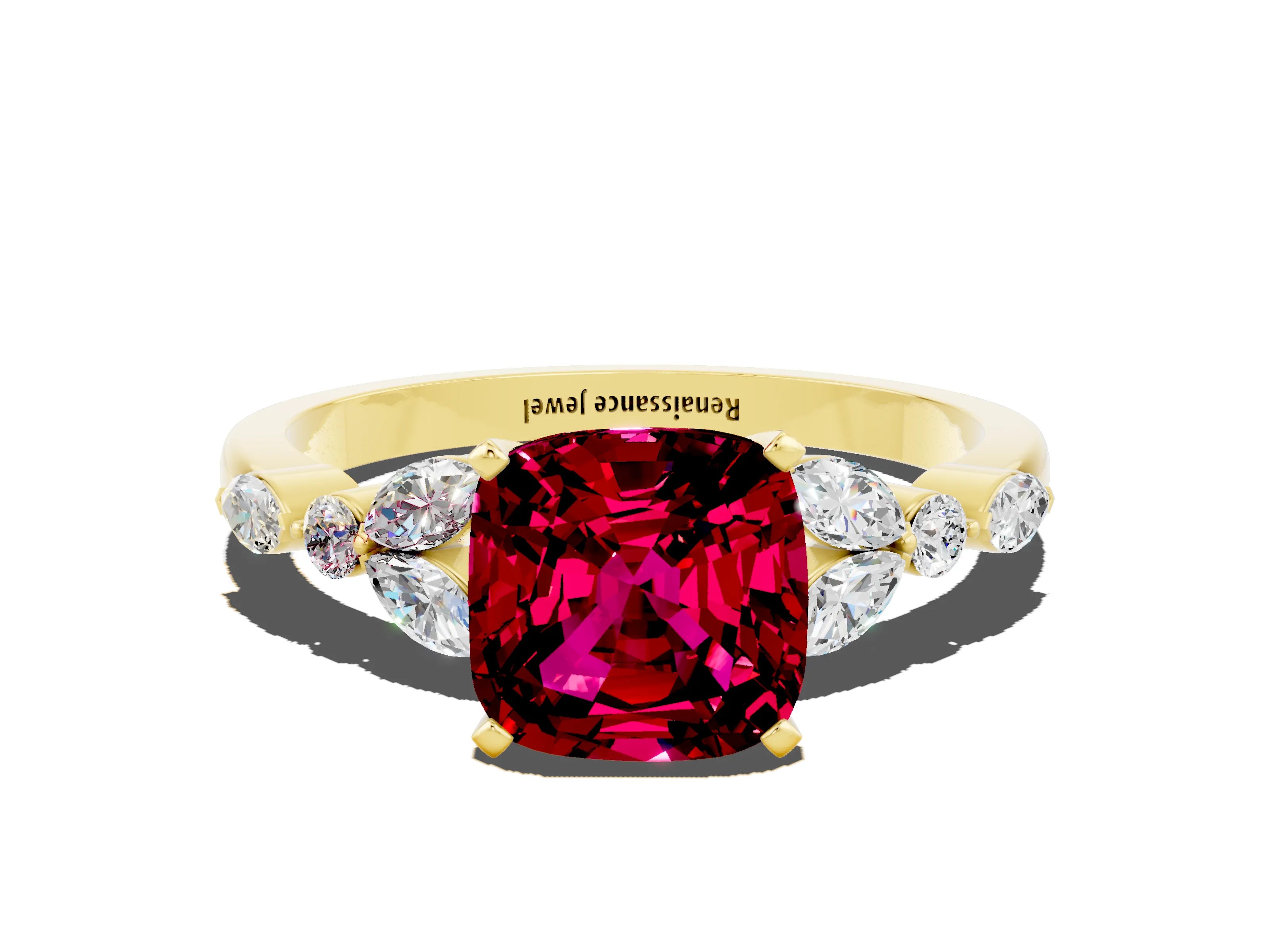 Yellow gold Cushion Cut Garnet Solitaire Ring with Side Stones and Four-Prong Setting_12