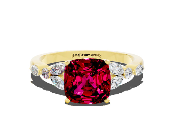 Yellow gold Cushion Cut Garnet Solitaire Ring with Side Stones and Four-Prong Setting