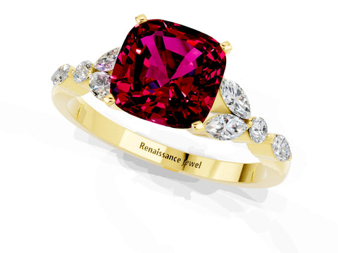 Yellow gold Cushion Cut Garnet Solitaire Ring with Side Stones and Four-Prong Setting_13