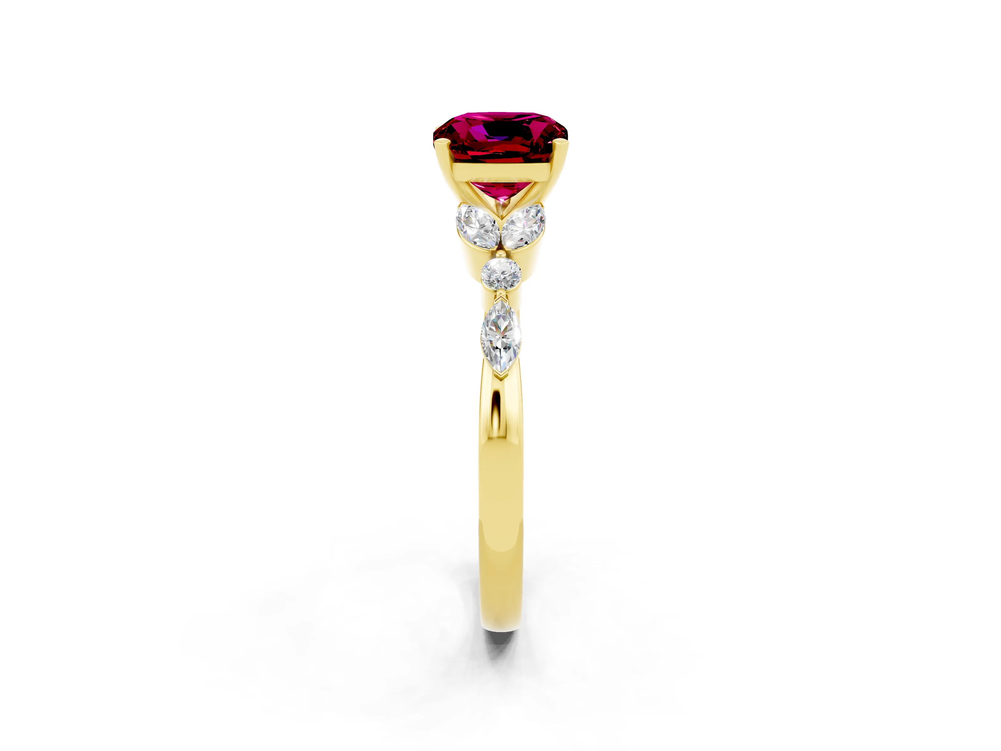 Yellow gold Cushion Cut Garnet Solitaire Ring with Side Stones and Four-Prong Setting_14