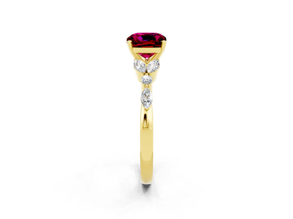 Yellow gold Cushion Cut Garnet Solitaire Ring with Side Stones and Four-Prong Setting