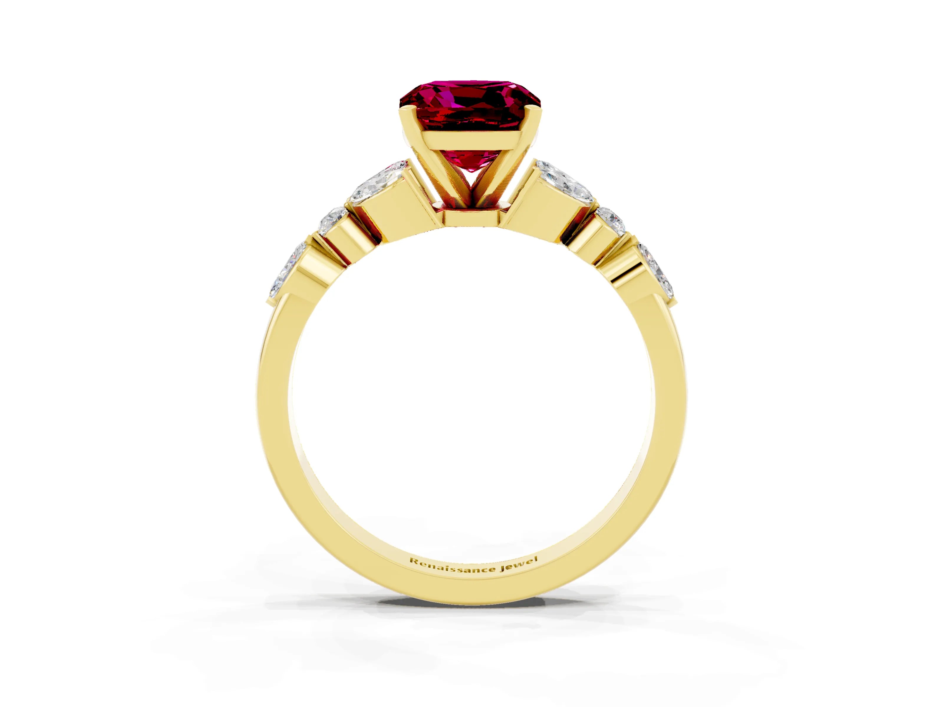 Yellow gold Cushion Cut Garnet Solitaire Ring with Side Stones and Four-Prong Setting_15