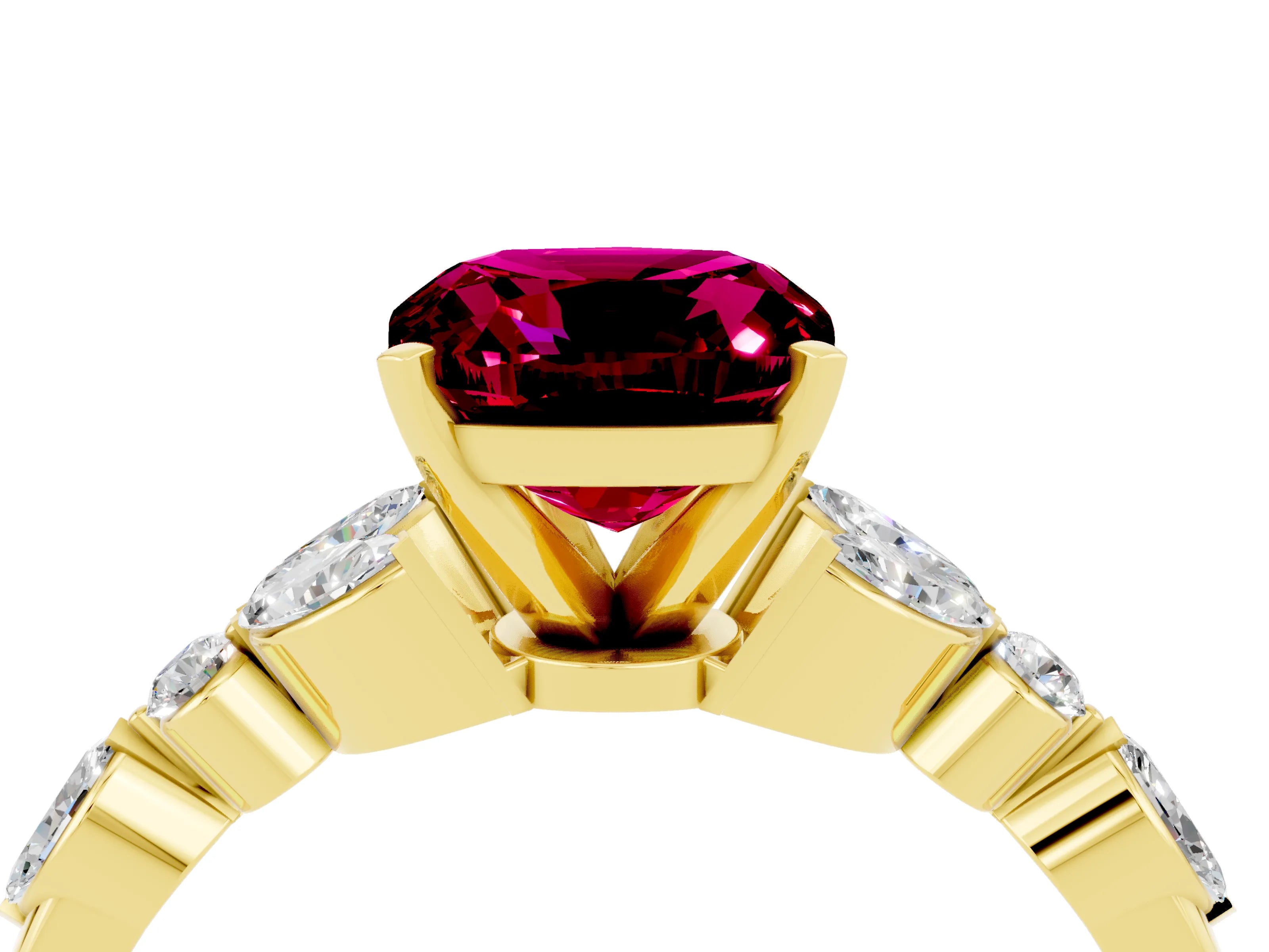 Yellow gold Cushion Cut Garnet Solitaire Ring with Side Stones and Four-Prong Setting_16