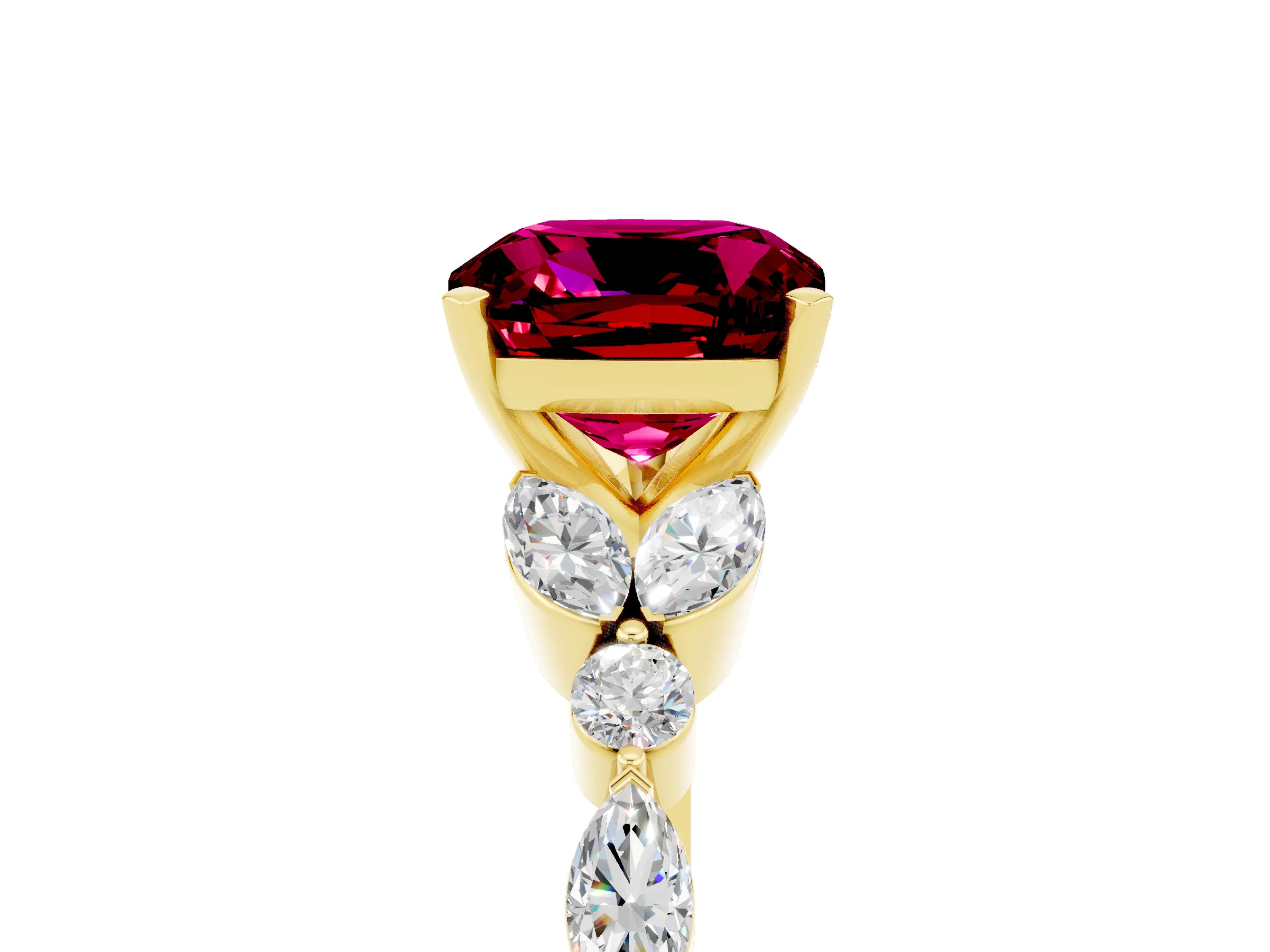 Yellow gold Cushion Cut Garnet Solitaire Ring with Side Stones and Four-Prong Setting_17