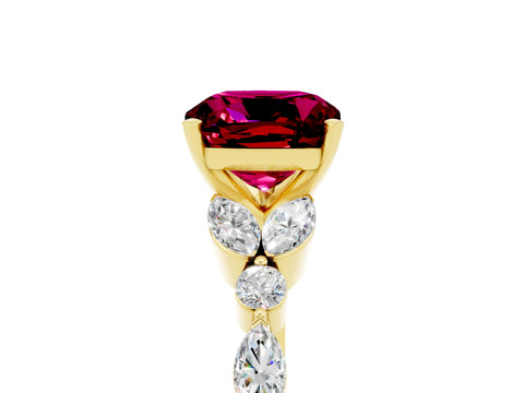 Yellow gold Cushion Cut Garnet Solitaire Ring with Side Stones and Four-Prong Setting_17