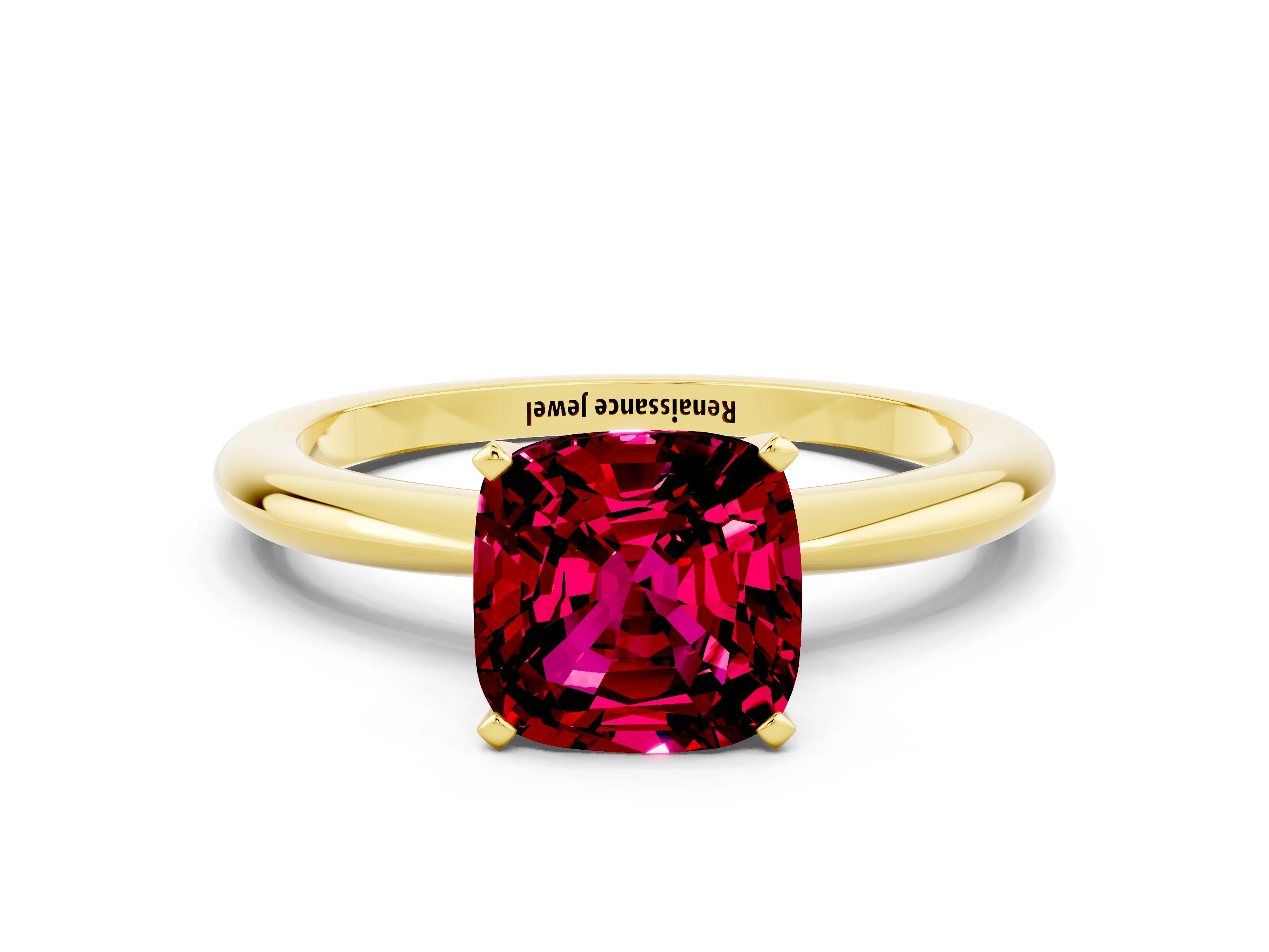 Yellow gold Cushion Cut Garnet Solitaire Ring with Six-Prong Setting and Classic Band