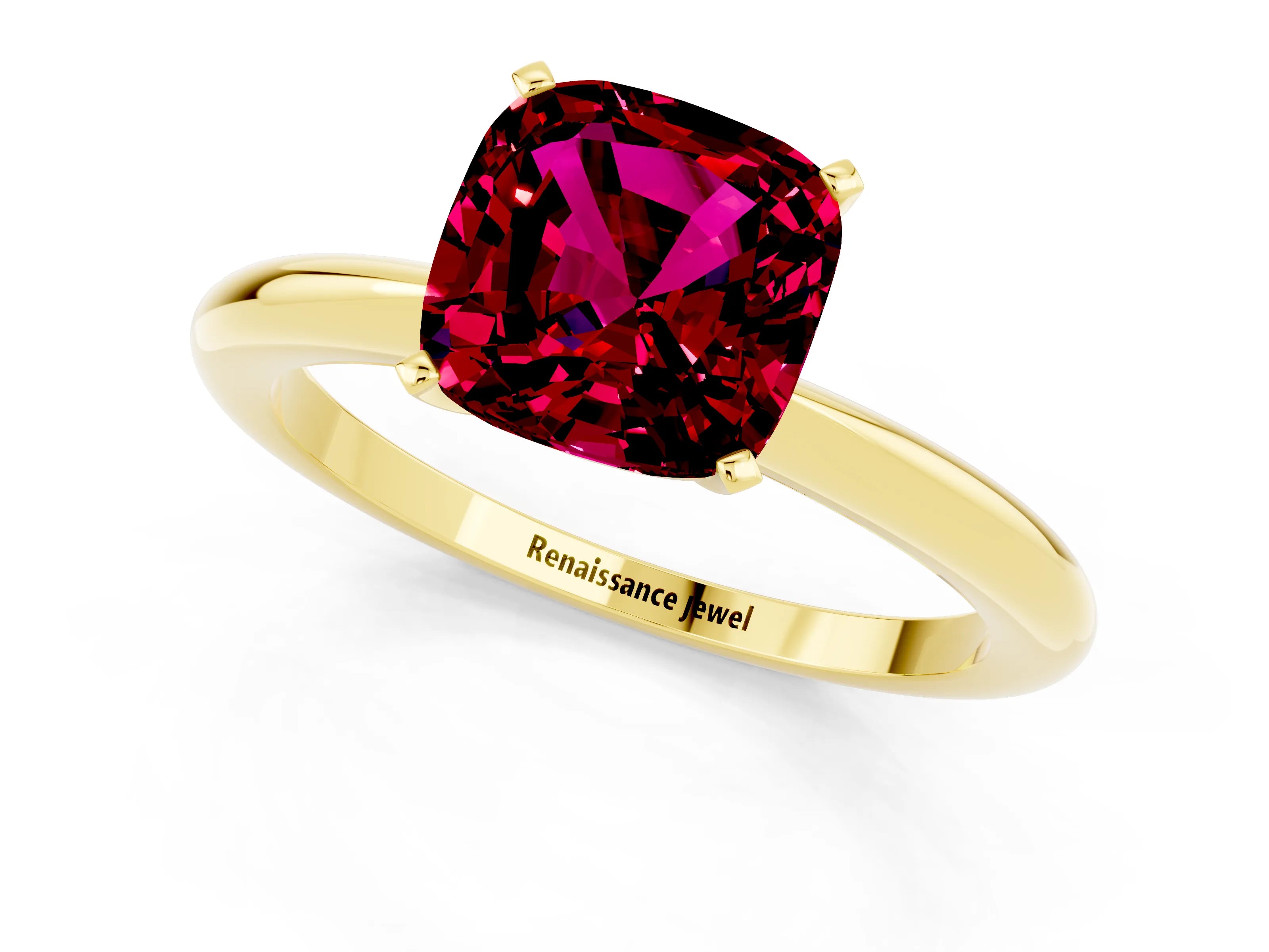 Yellow gold Cushion Cut Garnet Solitaire Ring with Six-Prong Setting and Classic Band_1