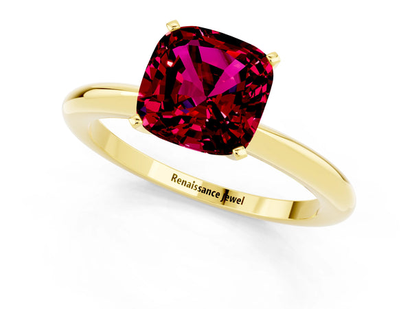 Yellow gold Cushion Cut Garnet Solitaire Ring with Six-Prong Setting and Classic Band