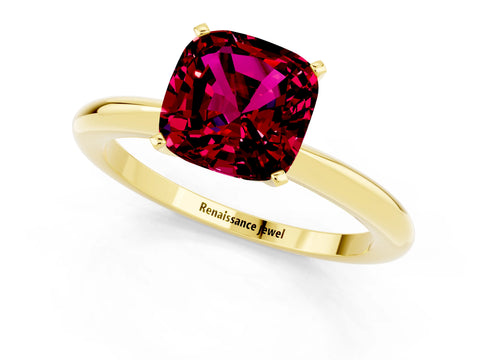 Yellow gold Cushion Cut Garnet Solitaire Ring with Six-Prong Setting and Classic Band_1