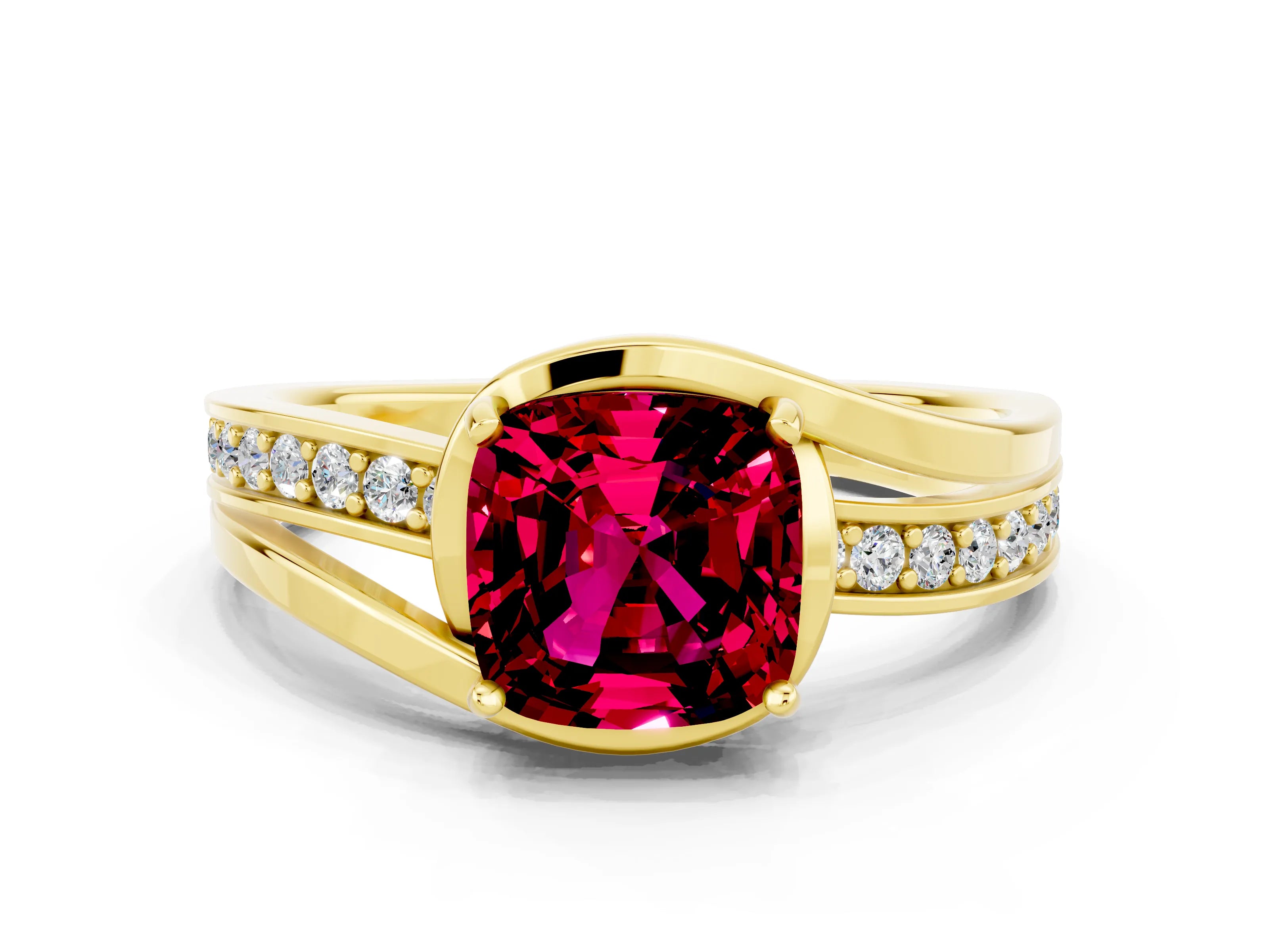 Yellow gold Cushion Cut Garnet Solitaire Ring with Split Shank and Prong Setting