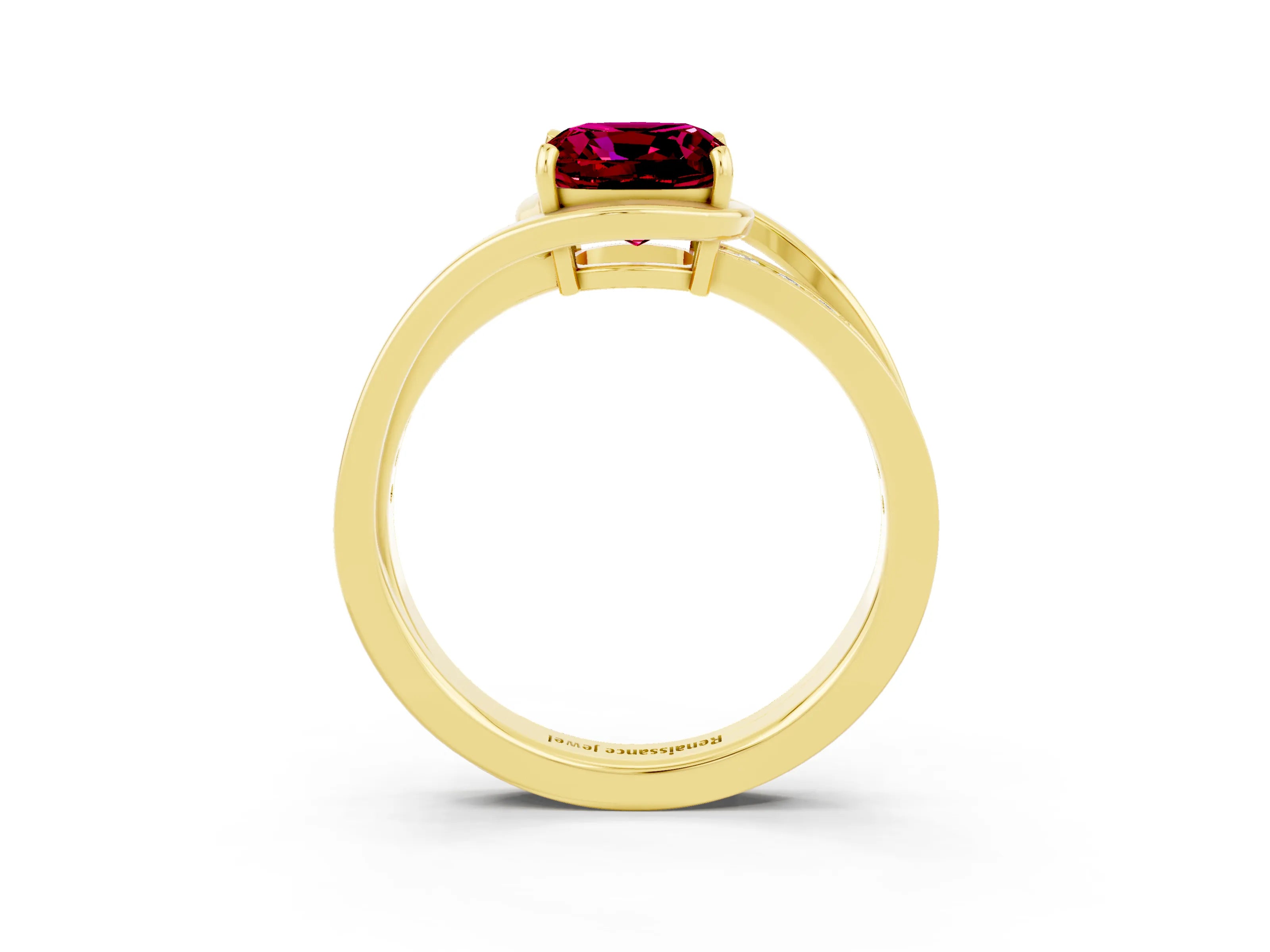 Yellow gold Cushion Cut Garnet Solitaire Ring with Split Shank and Prong Setting_3