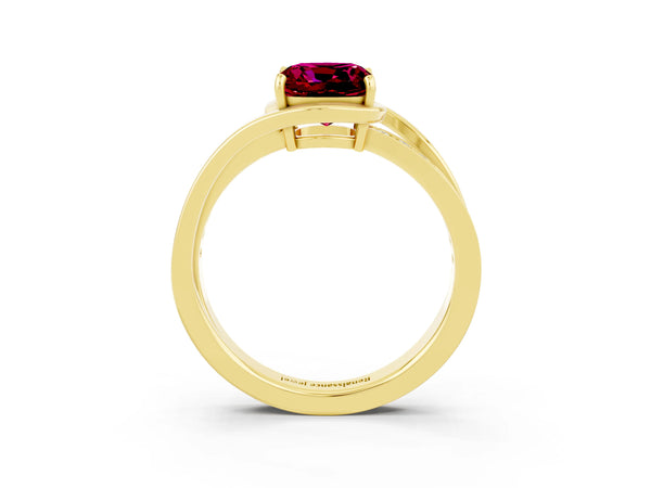 Yellow gold Cushion Cut Garnet Solitaire Ring with Split Shank and Prong Setting