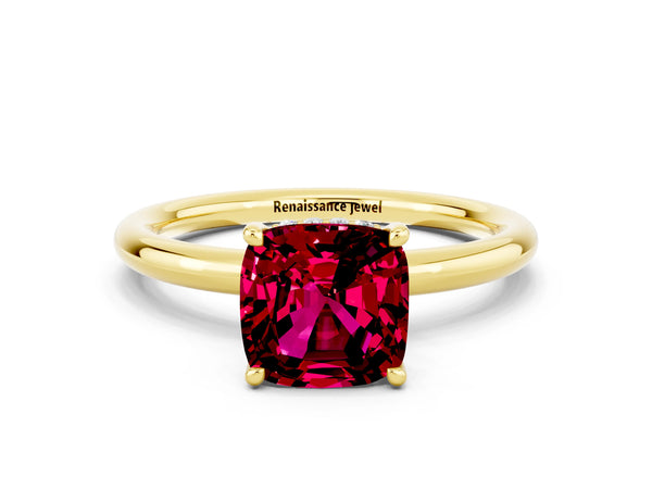 Yellow gold Cushion Cut Garnet Solitaire Ring with Thin Band and Four-Prong Setting