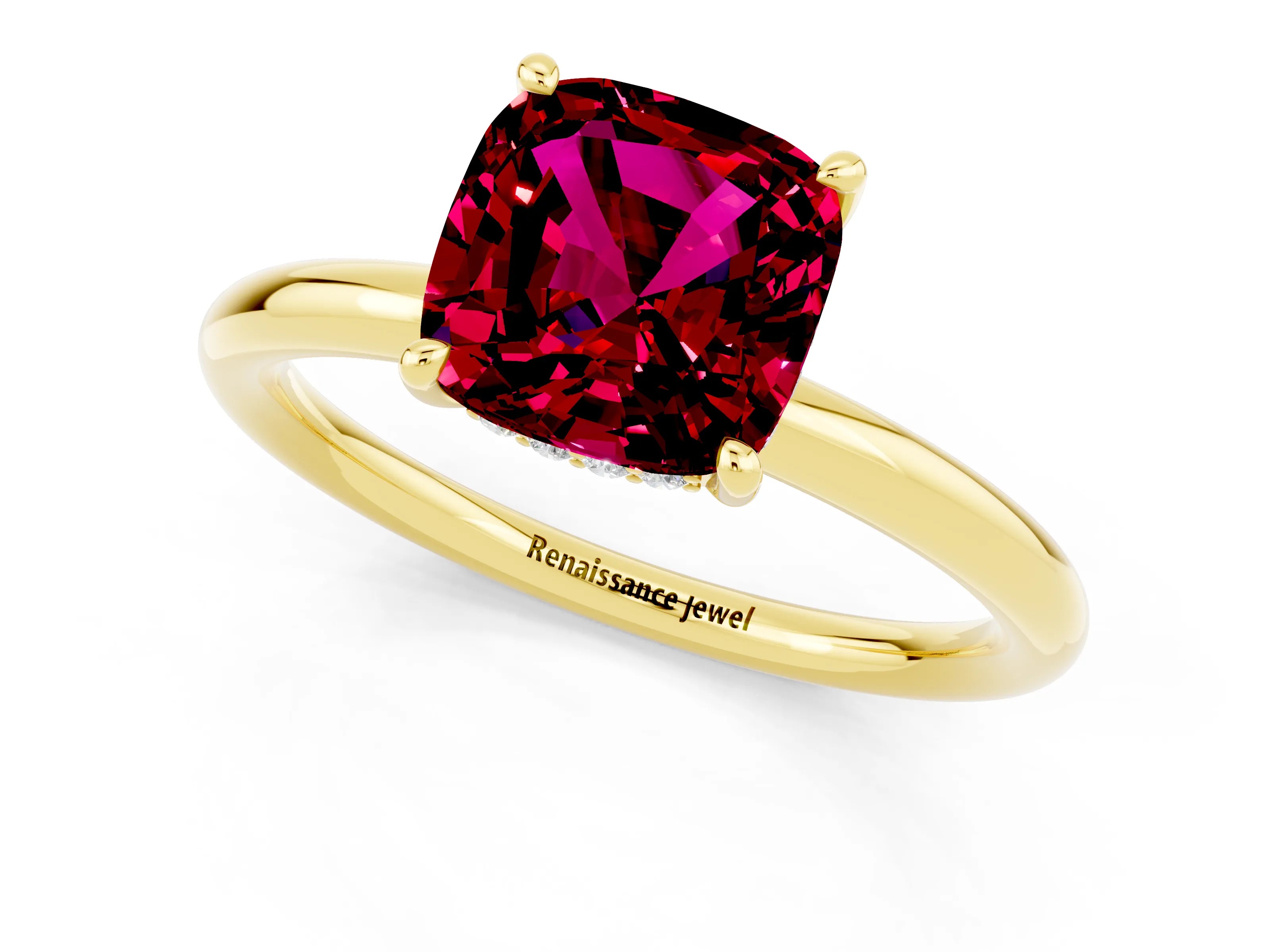 Yellow gold Cushion Cut Garnet Solitaire Ring with Thin Band and Four-Prong Setting_1
