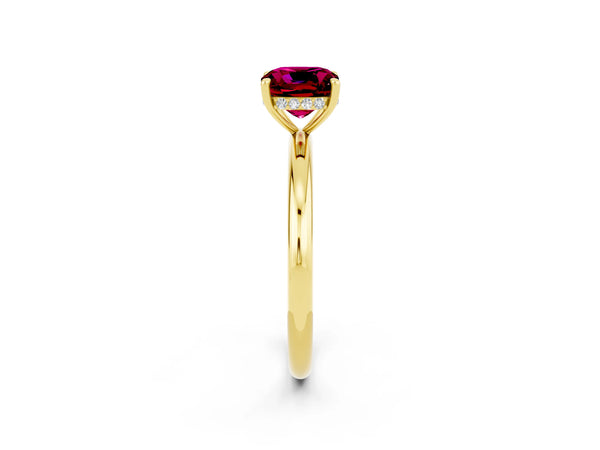 Yellow gold Cushion Cut Garnet Solitaire Ring with Thin Band and Four-Prong Setting