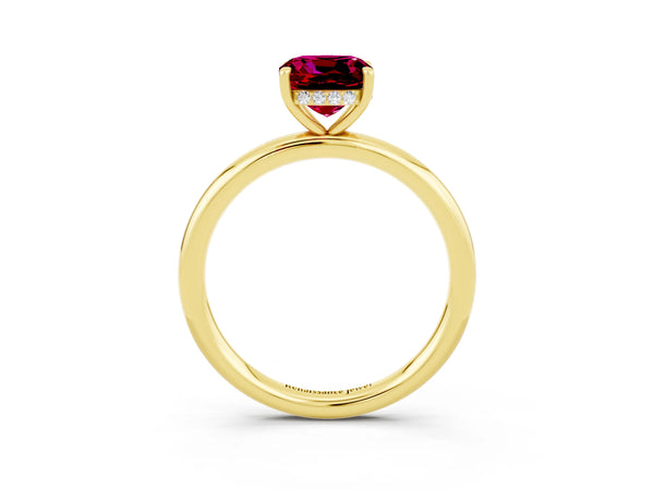Yellow gold Cushion Cut Garnet Solitaire Ring with Thin Band and Four-Prong Setting