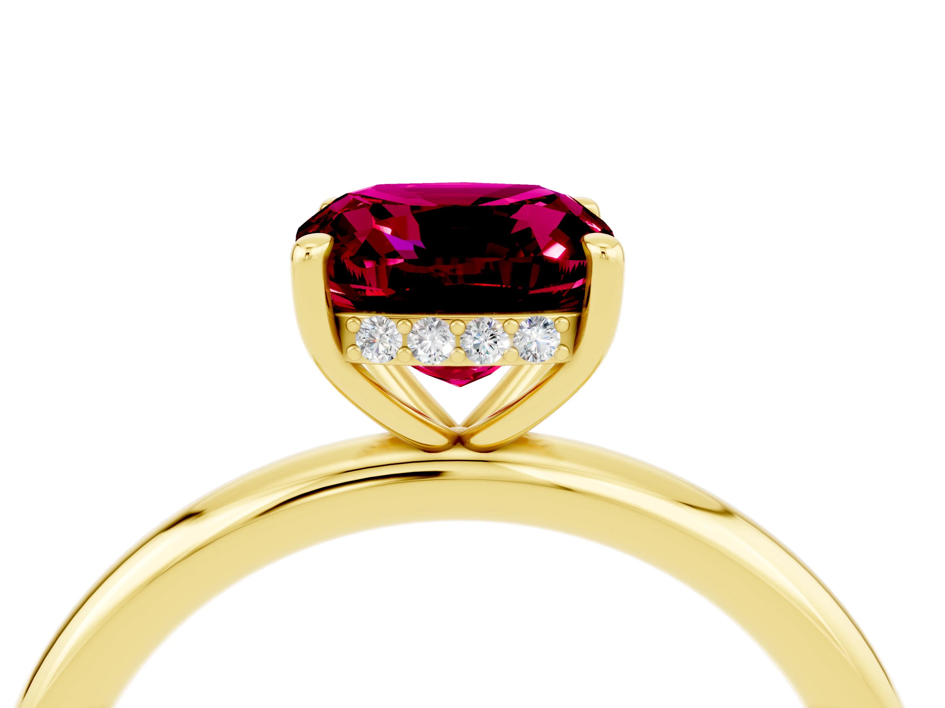 Yellow gold Cushion Cut Garnet Solitaire Ring with Thin Band and Four-Prong Setting_4