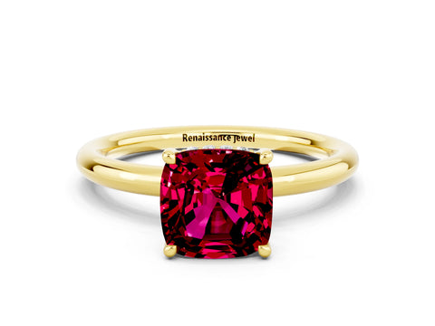Yellow gold Cushion Cut Garnet Solitaire Ring with Thin Band and Four-Prong Setting