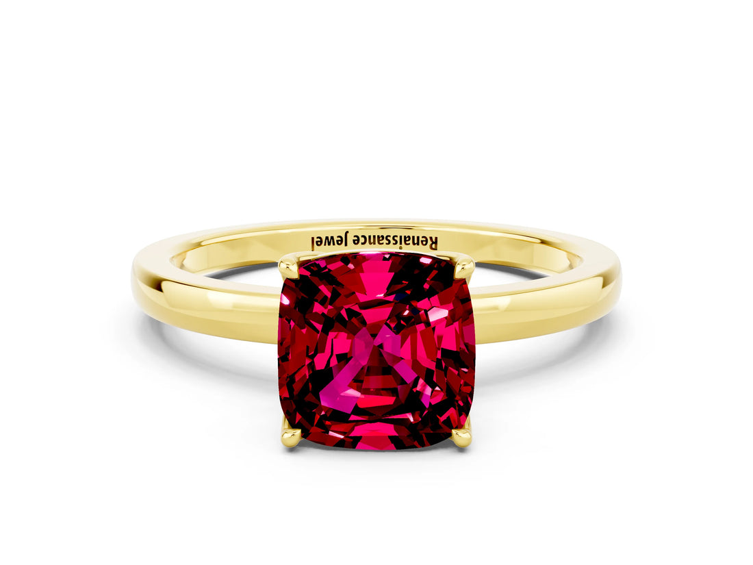 Yellow gold Cushion Cut Garnet Solitaire Ring with Thin Band and Prong Setting_12