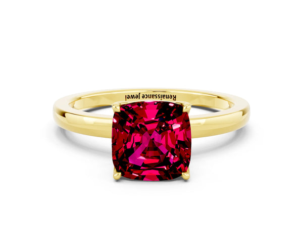 Yellow gold Cushion Cut Garnet Solitaire Ring with Thin Band and Prong Setting