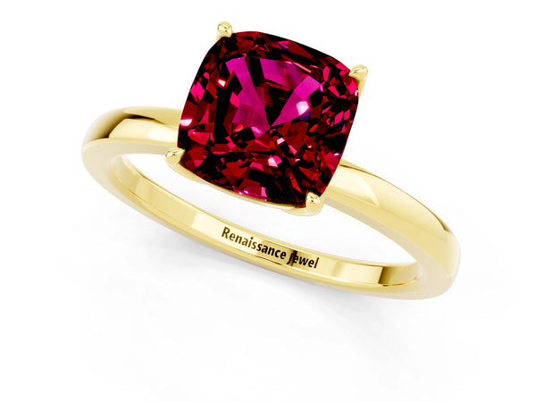 Yellow gold Cushion Cut Garnet Solitaire Ring with Thin Band and Prong Setting