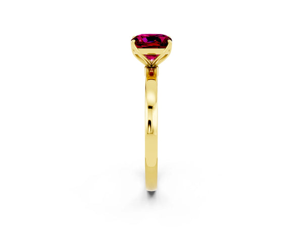 Yellow gold Cushion Cut Garnet Solitaire Ring with Thin Band and Prong Setting