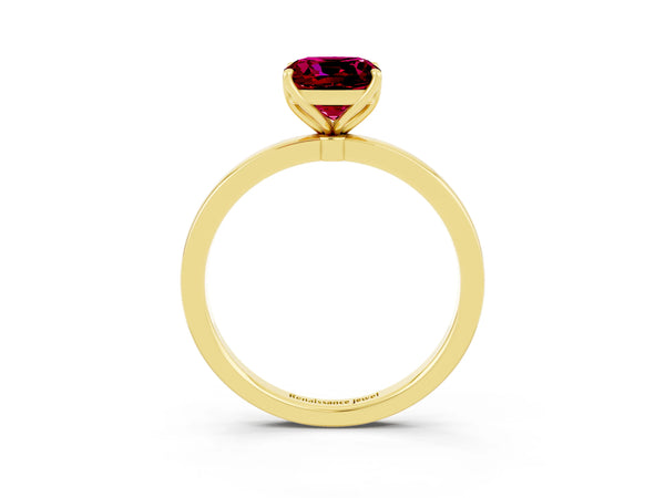 Yellow gold Cushion Cut Garnet Solitaire Ring with Thin Band and Prong Setting