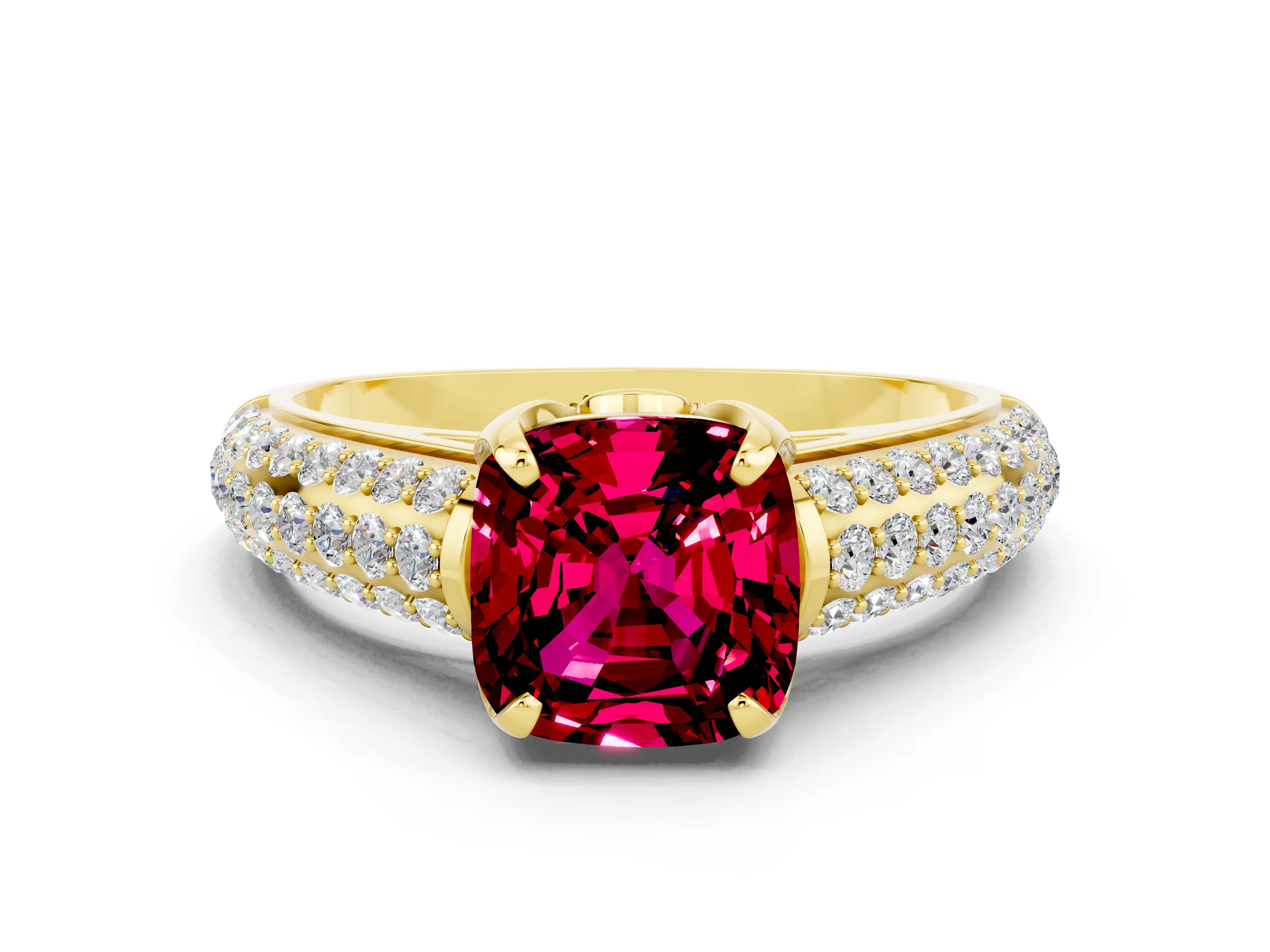 Yellow gold Cushion Cut Garnet Solitaire Ring with Three-Row Pavé Band and Four-Prong Setting_12