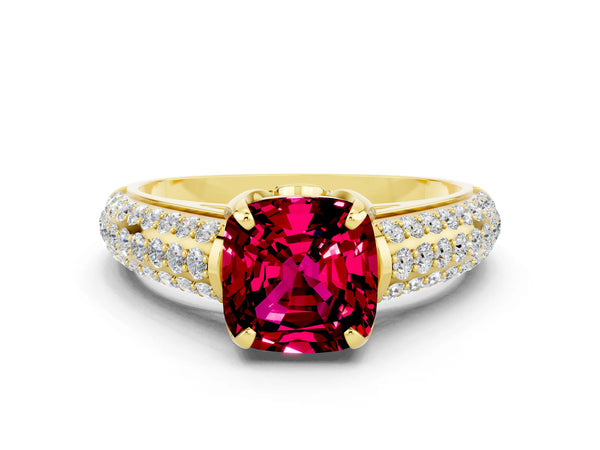 Yellow gold Cushion Cut Garnet Solitaire Ring with Three-Row Pavé Band and Four-Prong Setting