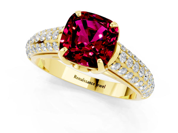 Yellow gold Cushion Cut Garnet Solitaire Ring with Three-Row Pavé Band and Four-Prong Setting