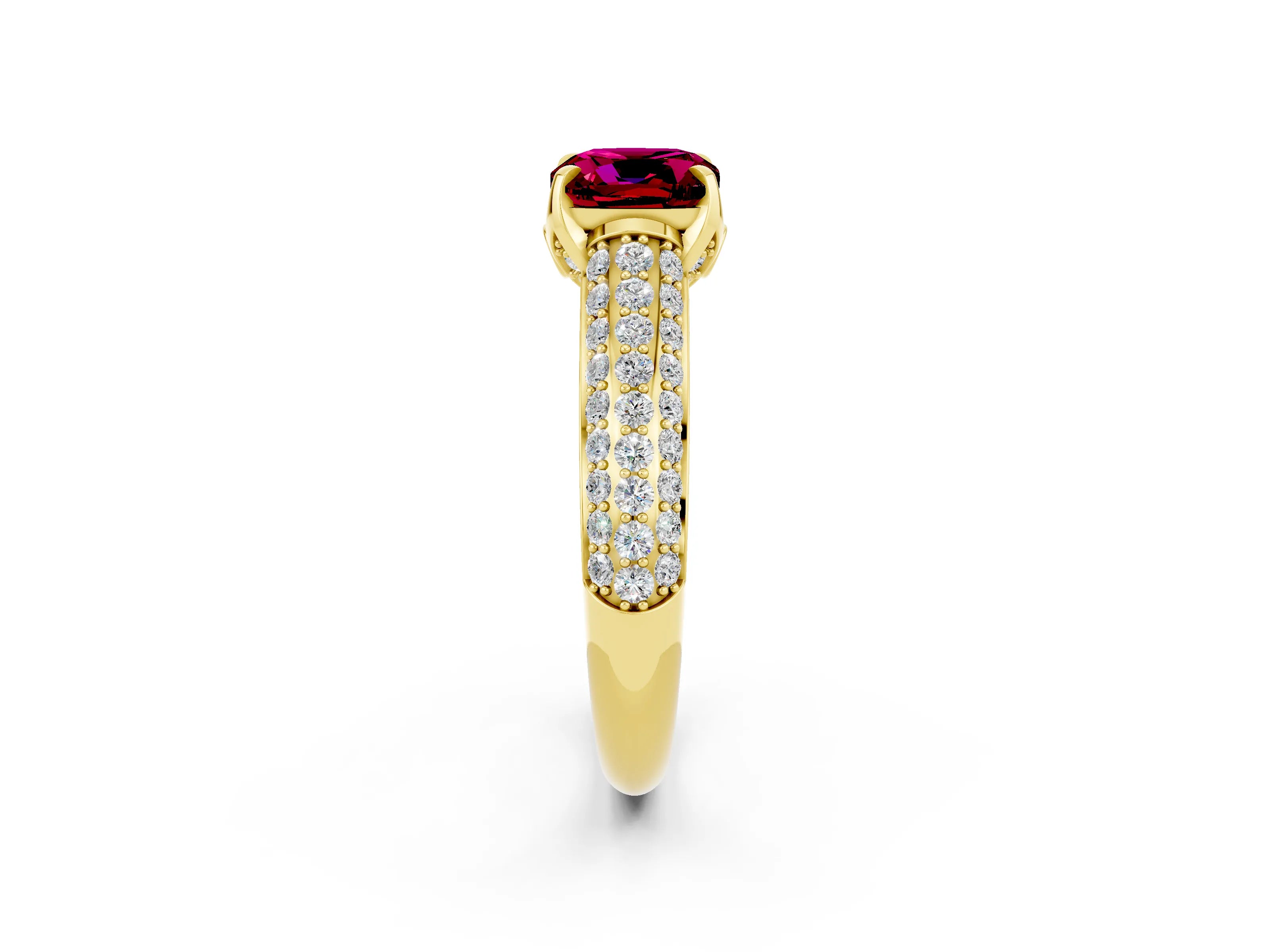 Yellow gold Cushion Cut Garnet Solitaire Ring with Three-Row Pavé Band and Four-Prong Setting_14