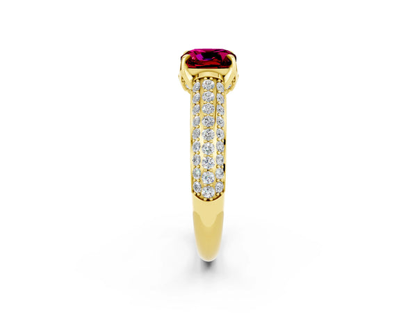 Yellow gold Cushion Cut Garnet Solitaire Ring with Three-Row Pavé Band and Four-Prong Setting